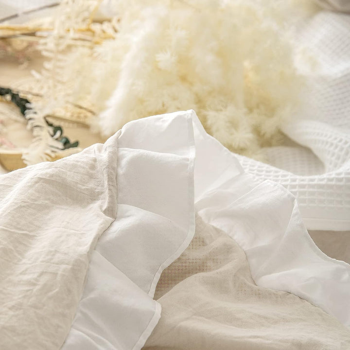 Lanqinglv Bettwäsche 200x200cm Beige Weiss mit Rüschen,aus 100% Weiche Microfaser Doppelbett - Wende
