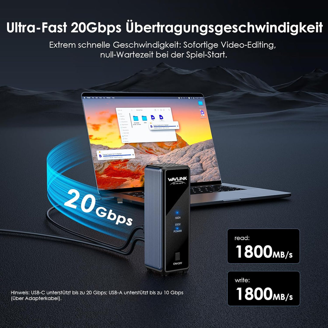 WAVLINK Duales M.2 NVMe SSD Gehäuse, USB3.2 Gen 2x2 20Gbps, PCIe NVMe M Key & B+M Key, Unterstützt U