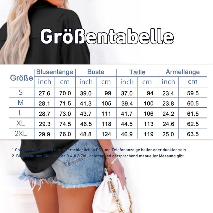 Damen Bluse Elegant V-Ausschnitt Satin Langarm Casual Oberteile Locker Hemd Einfarbig Lose Langarmsh