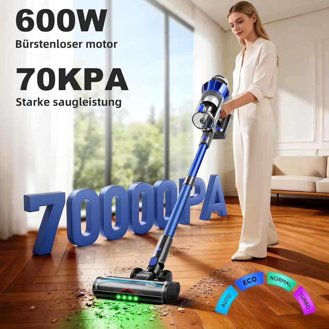 Hearten Akku Staubsauger 70000 Pa/600 W/65 Min. 4 Stufen, Schmutzsensor. 1,8 L Staubsauger Kabellos
