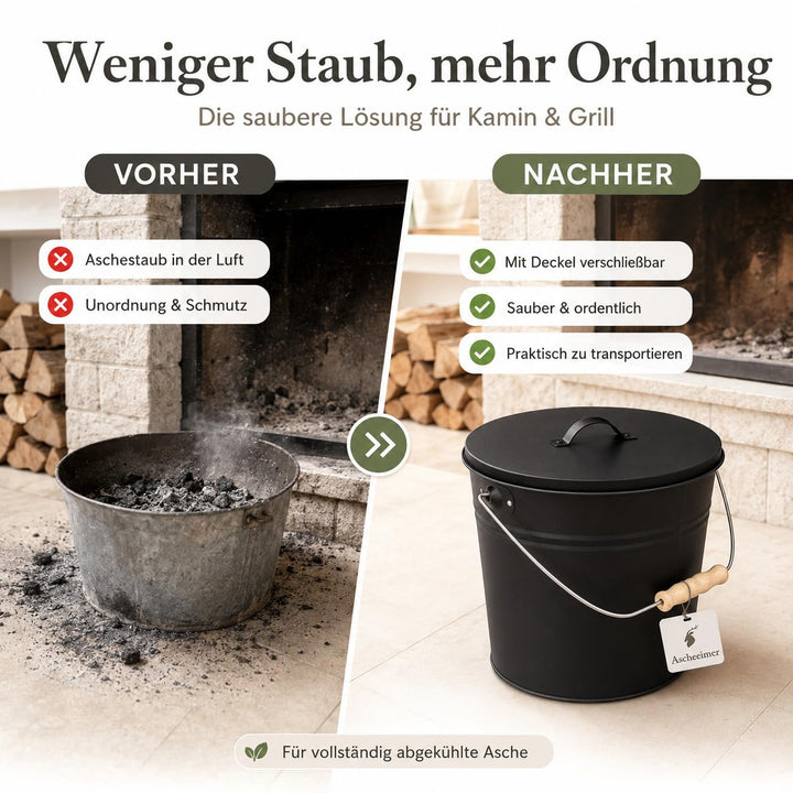 ReWu Stahleimer Ascheeimer Mehrzweckeimer oval mit Deckel für heisse Glut und Asche - Grösse 15 l -