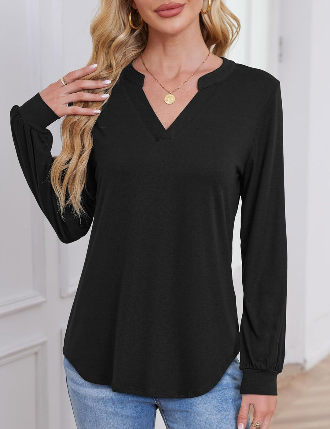Beluring Langarmshirt Damen Elegant V Ausschnitt Tunika Bluse Einfarbig T-Shirt, S Schwarz