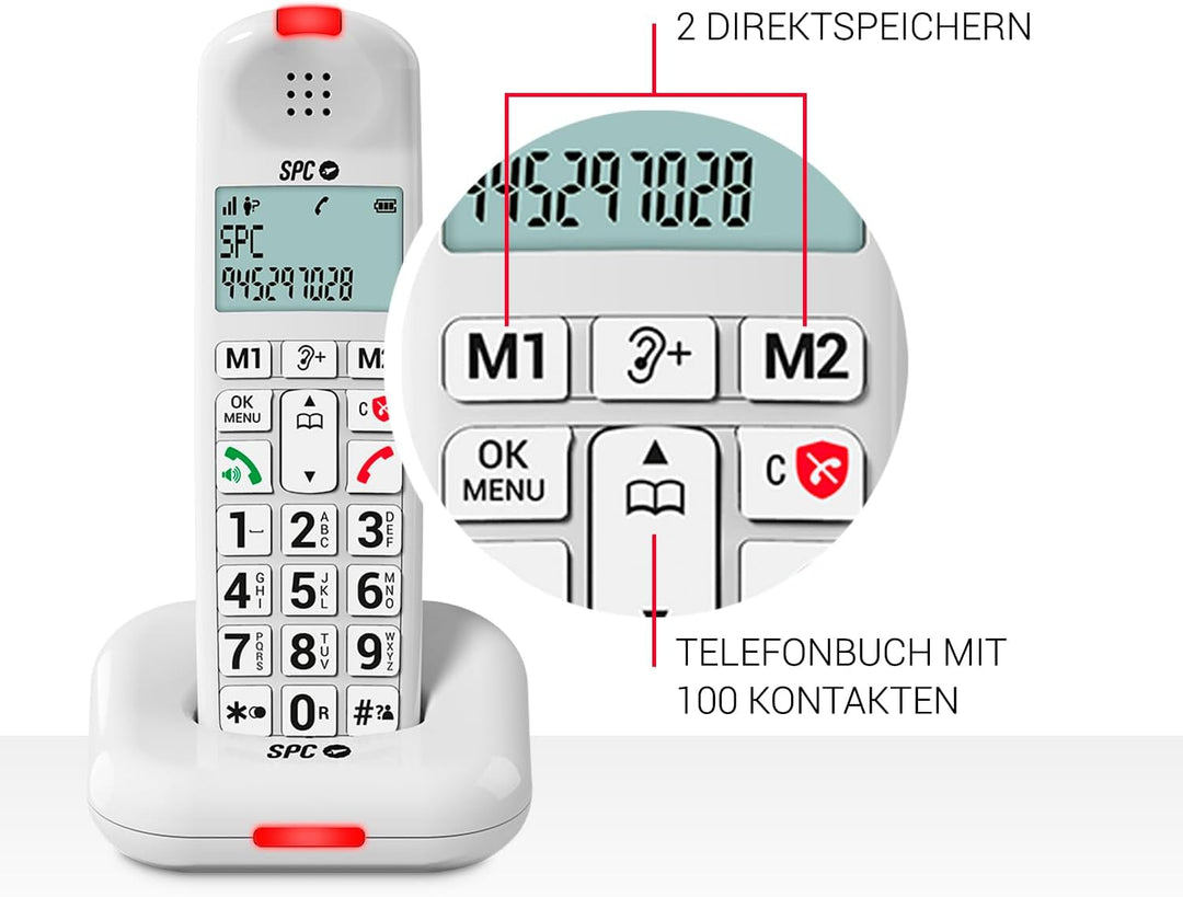 SPC Comfort Kairo - Schnurloses Telefon für Senioren mit grossen Tasten, verstärktem Ton, hörgerätek