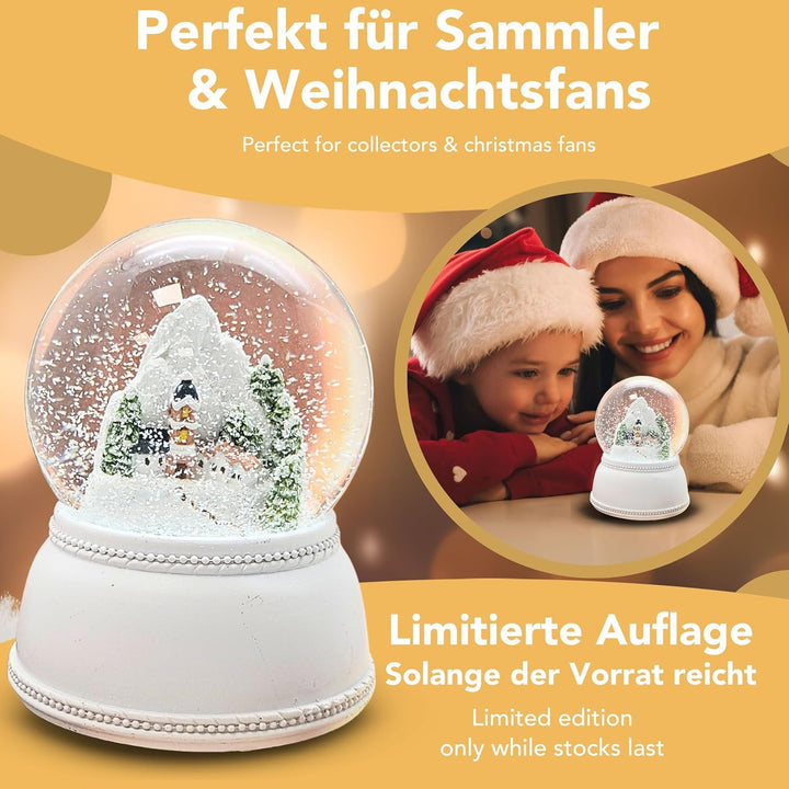 Schneekugel Weihnachten | Bergdorf im Schnee | Sockel weiss kubisch | Höhe: 12cm Breite 10 cm | 2030