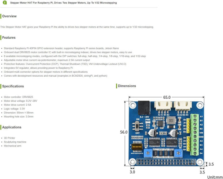 Waveshare Stepper Motor HAT for Raspberry Pi Drives Two Stepper Motors Up to 1/32 Microstepping