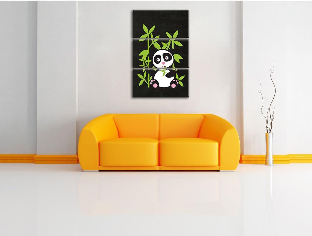 Pixxprint Süsser Panda mit Bambus als Leinwandbild/Grösse: 3 Teilig (120x80) cm/Wandbild/Kunstdruck/
