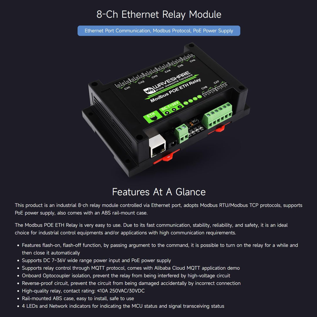 Waveshare 8-Ch Ethernet Relay Module, Modbus RTU/Modbus TCP Protocol, PoE Port Communication, with V