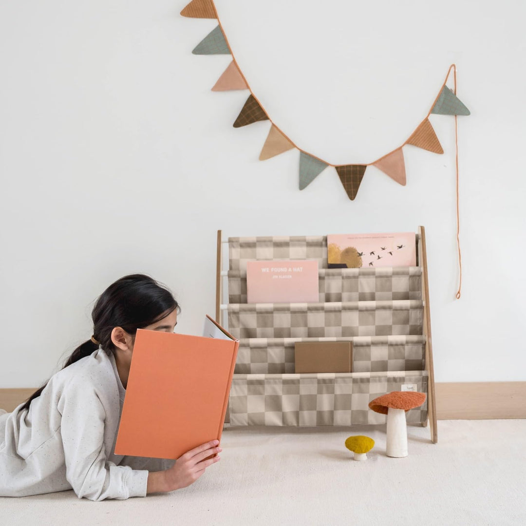 3 Sprouts Kinder Bücherregal aus Holz – Montessori Regal für Kinderzimmer - Schachbrettbeige, Schach