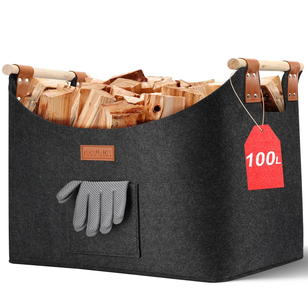 Holzkorb für Kaminholz Gross XXL, Kaminholzkorb mit Doppelt Verstärkten Leder, 100L Brennholzkorb au