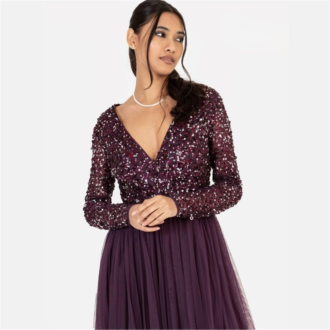 Maya Deluxe Damen Ladies Maxi Dress Women with Long Sleeves V Neckline Plunging Sequin Embellished f