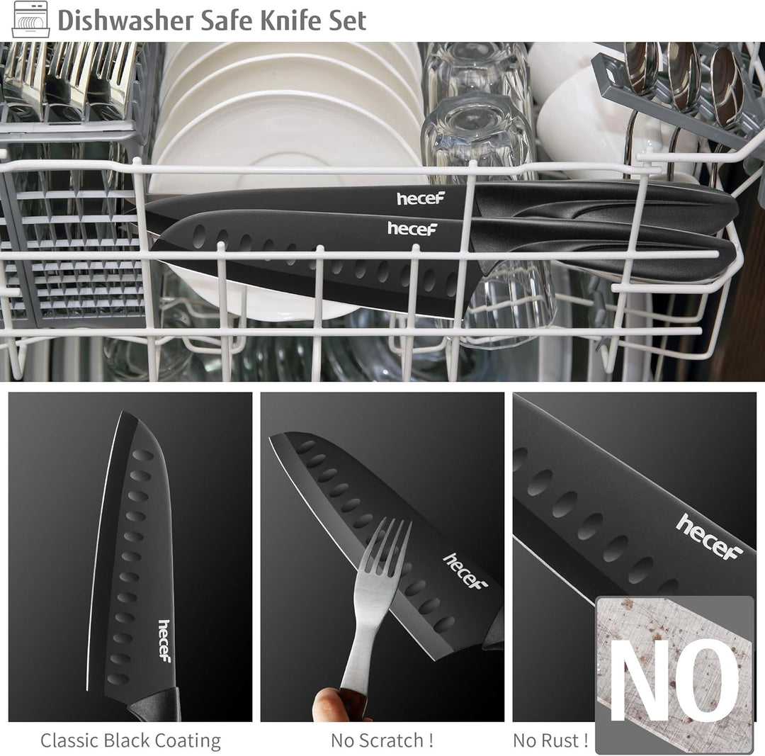 hecef Messerset Schwarz, Küchenmesser Set mit Antihaftbeschichtung, ergonomischer Griff, spülmaschin