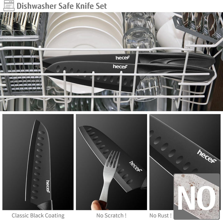 hecef Messerset Schwarz, Küchenmesser Set mit Antihaftbeschichtung, ergonomischer Griff, spülmaschin