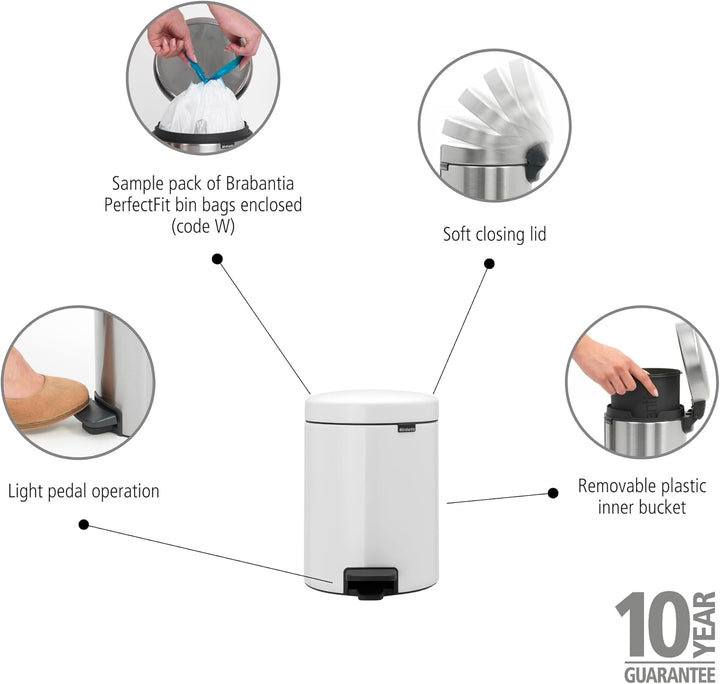 Brabantia Treteimer mit Inneneimer aus Kunststoff, Stahl, 5 Liter, Weiss, 5L 5 Liter White, 5 Liter