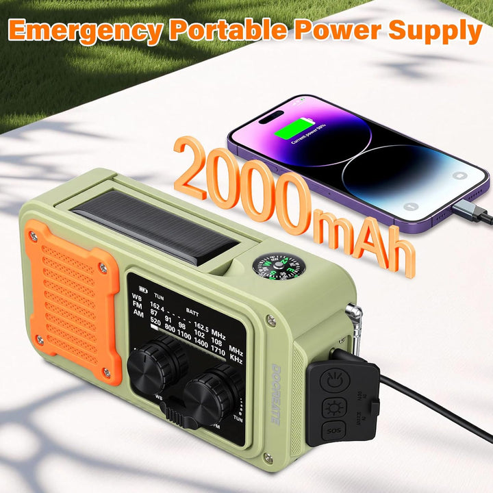 Heemol 7-in-1 Notfall Radio AM/FM/WB, 2000mAh Kurbelradio mit Solar, Tragbares Handkurbel Radio mit