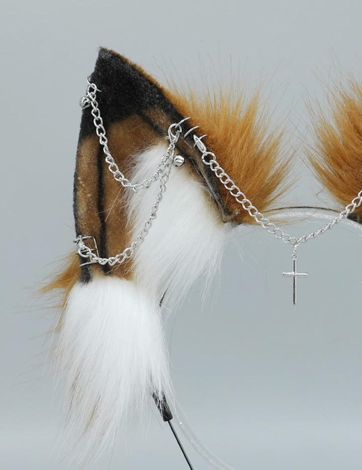 VIGVAN Handgemachte Wolf Fuchs Ohren Cosplay Kopf Zubehör Kawaii Haarband (Kette Braun Weiss), Kette