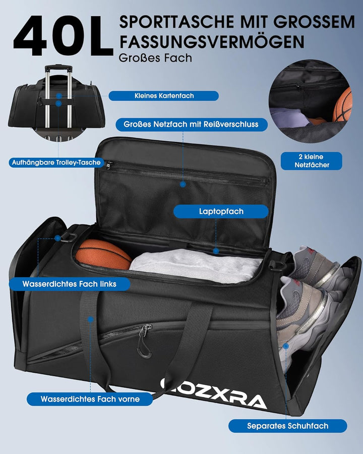 Sporttasche Reisetasche, 40L Sporttasche Herren mit 2 Nassfach und Schuhfach, Reisetasche für Damen