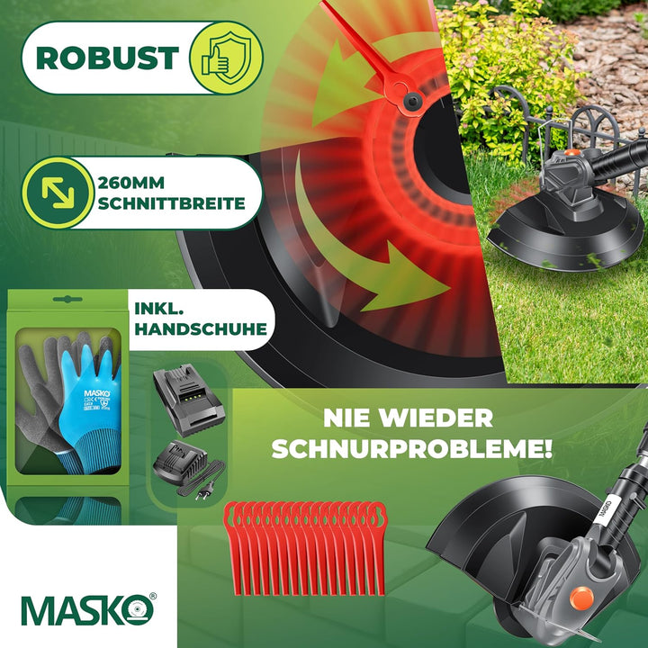 MASKO® Akku-Rasentrimmer mit 20 V Li-Akku, 2,0 Ah Akku und Ladegerät, Motorsense 26 cm Schnittkreis,