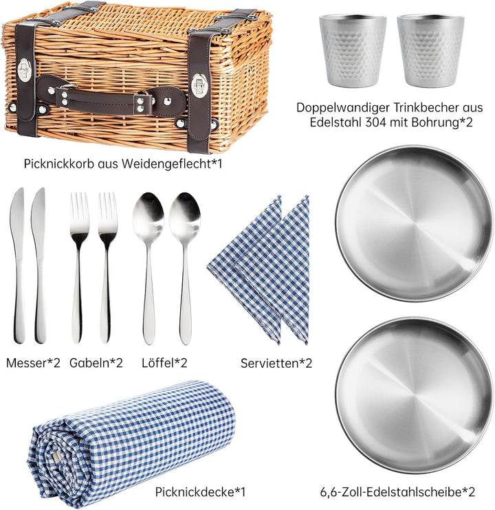 Weiden-Picknickkorb für 2 Personen, Weidenkorb mit Wasserfester Picknickdecke und Besteckset, Pickni