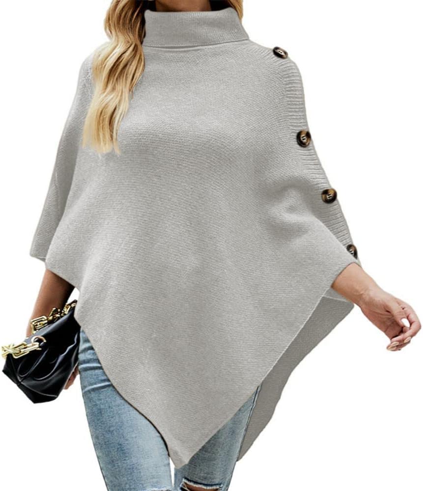 JFAN Poncho Damen Elegant Strick Umhang mit Hohem Kragen und Vier Knöpfen Herbst/Winter, Grau