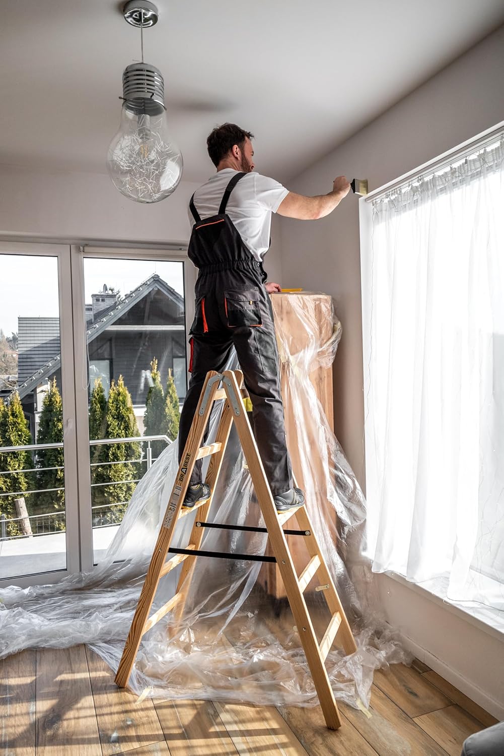 DRABEST - Holzleiter - für Malerarbeiten - 2X 5 Sprossen - m lang - bis 150 kg - Arbeitshöhe 1,53m 3