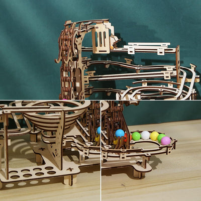 Holz Kugelbahn Set 3D Puzzle, Holzfarbene Kugeln, Stufenaufzug mit 3-Stufen-Hebemechanismus – kineti