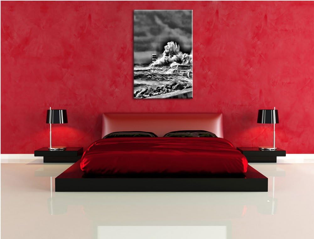 Pixxprint Monocrome, Küste Unwetter Meer Wellen Klippe, Format: 100x70 auf Leinwand, XXL riesige Bil