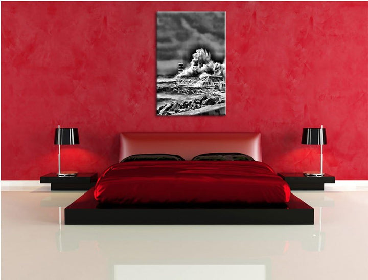 Pixxprint Monocrome, Küste Unwetter Meer Wellen Klippe, Format: 100x70 auf Leinwand, XXL riesige Bil