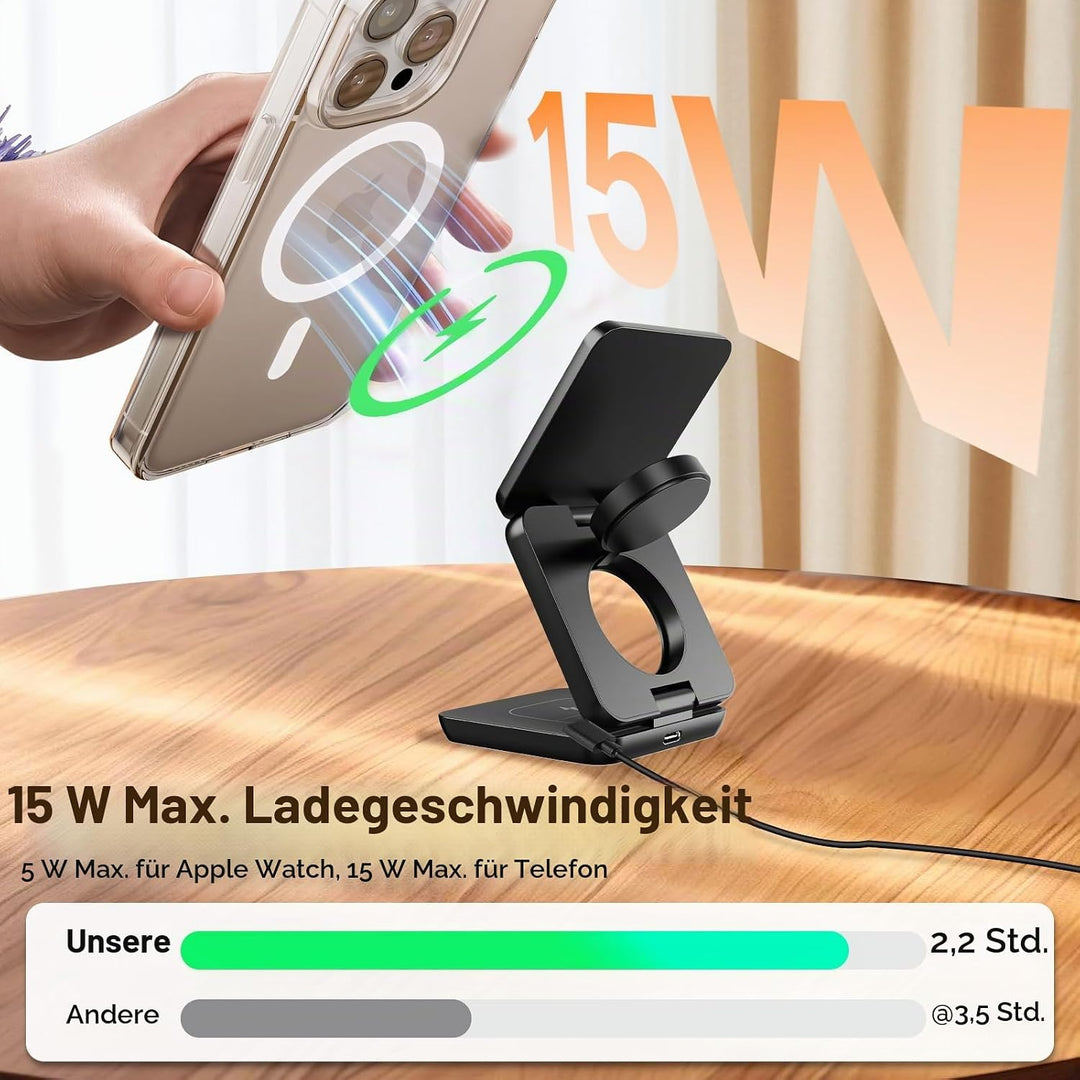 3 in 1 Faltbare Kabellose Ladestation, Induktive Ladestation für Apple Watch und Phone, Wireless Cha
