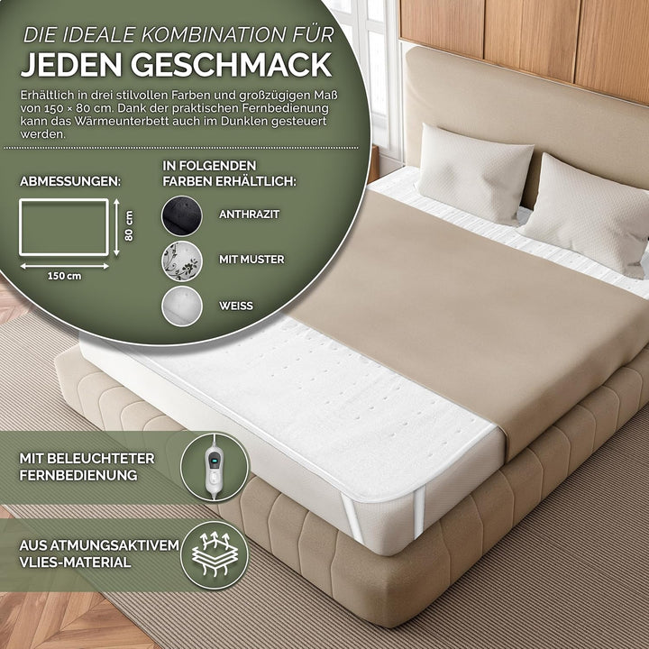 Wärmeunterbett 150x80cm mit Abschaltautomatik | Heizdecke mit 3 Temperaturstufen | Wärmebettunterlag