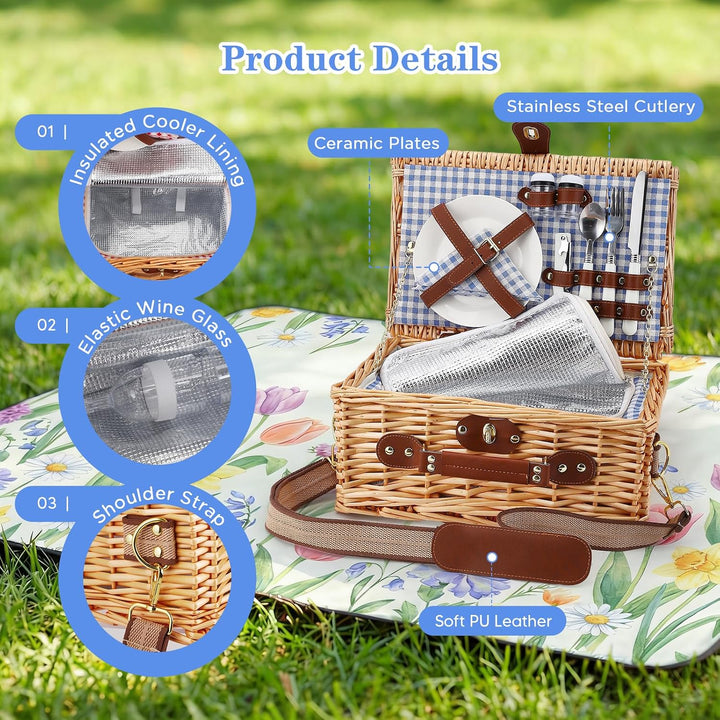 Wicker Picknickkorb für 2 Personen – Picknickkorb-Set mit Isolierfach,komplettem Geschirr &amp; Besteck,