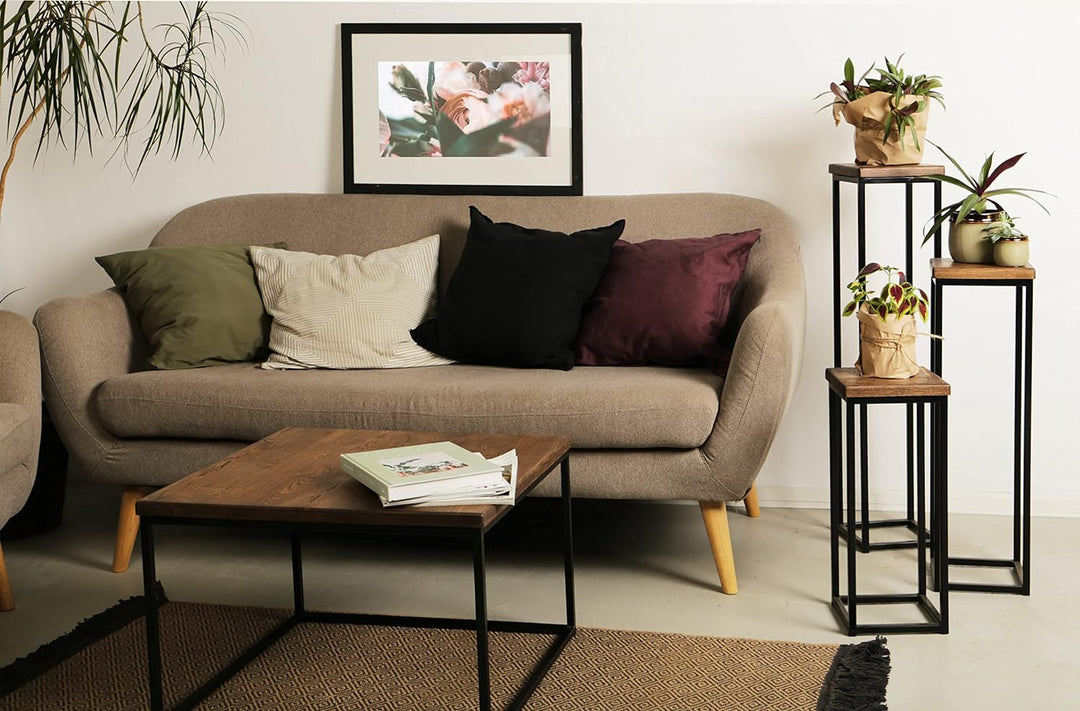 1 BestLoft Blumensäule Dora aus Eiche - Dekosäule im schlanken Design + Stahlgestell (Gestell Schwar