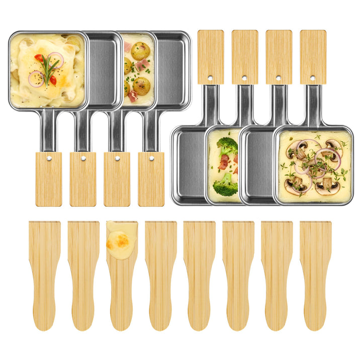 8er Set Edelstahl Raclette Pfännchen Quadratisch mit Extra Langem Griff und Bambusgriff, 8 Bambus Sp