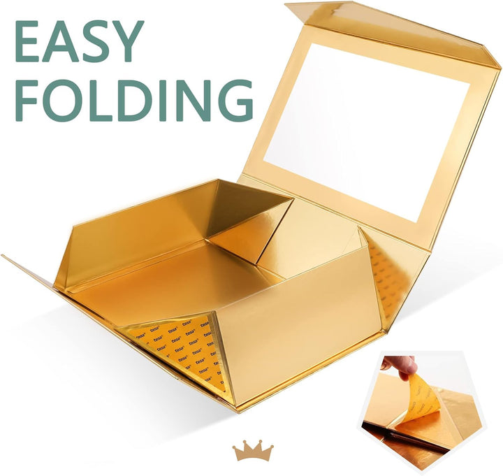 PACKQUEEN 5 grosse goldene Geschenkboxen mit Fenster, 34,9 x 22,9 x 10,4 cm, transparente Geschenkbo