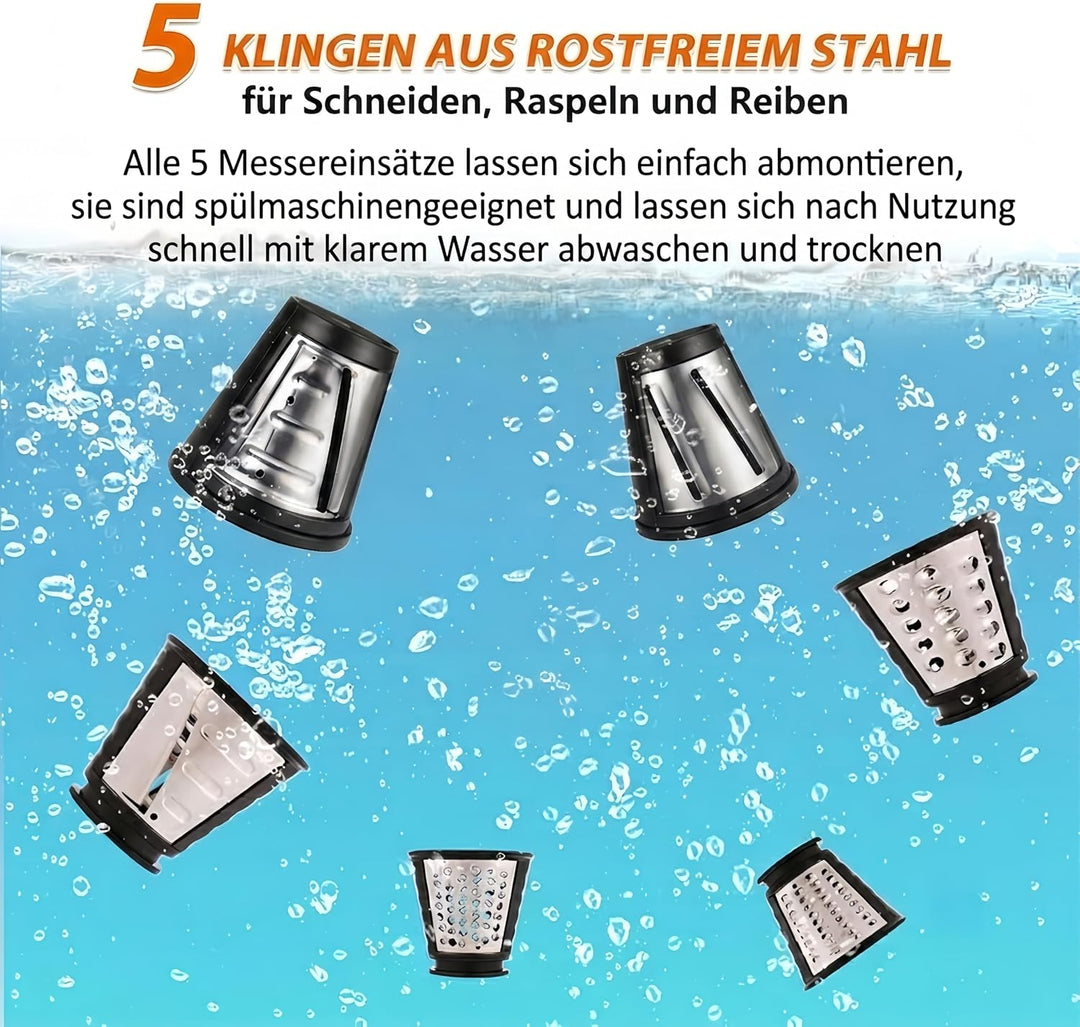 Elektrischer Gemüsehobel 500W, 5-in-1 Multifunktionaler Gemüseschneider mit 5 austauschbaren Klingen
