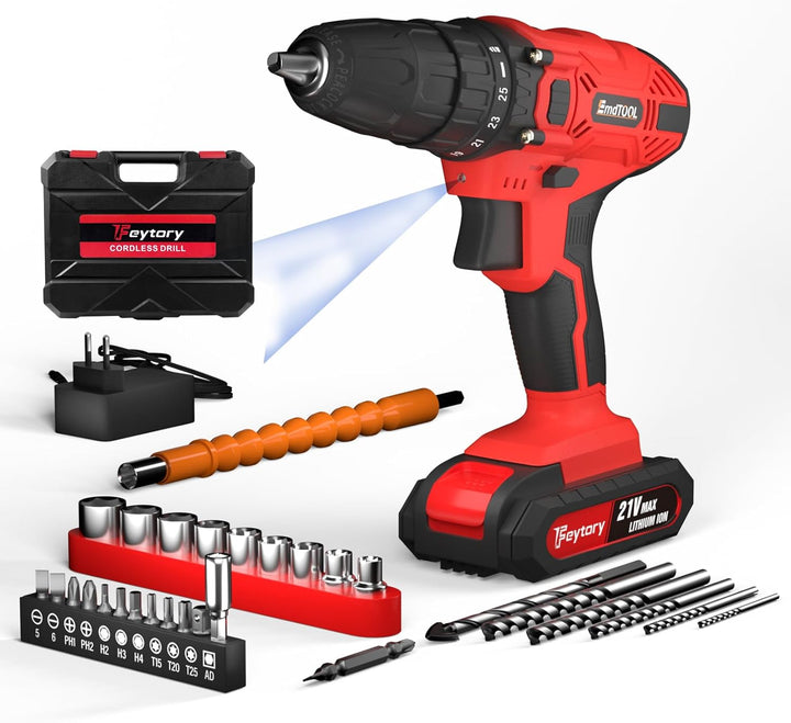 Akkubohrer Und Schrauber 21V Akku Bohrmaschine mit 1500mAh Akkus, 2-Gang Akku Schrauber Set 25+1 Tor