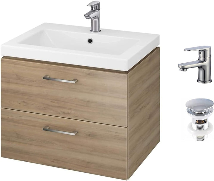 VBChome Waschbecken mit Unterschrank Nussbaum 60 cm mit Armatur und Pop Up ventil 2 Schubladen Weiss