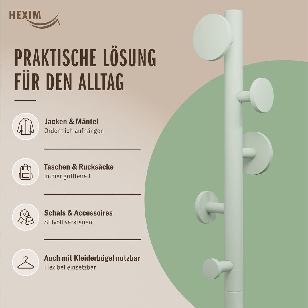 HEXIM Garderobenständer Holz freistehend Türkis - Kleiderständer 175cm mit 8 Haken - Edle Standgarde
