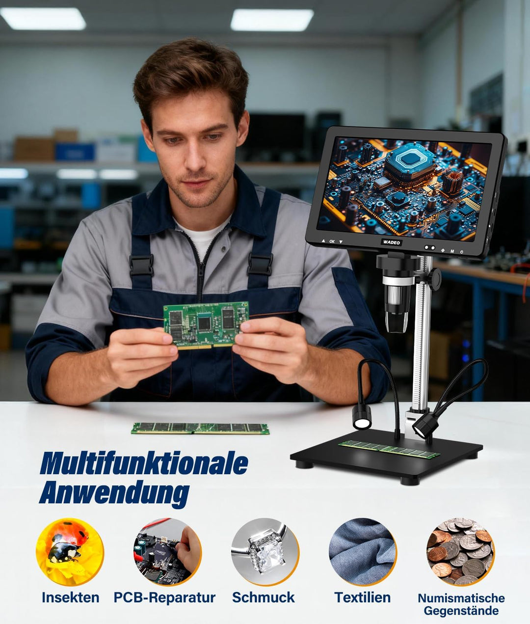 WADEO 10,1-Zoll-LCD-Digitalmikroskop 1500x inkl. 32GB Karte, Tragbares Mikroskop USB-Digitalmikrosko