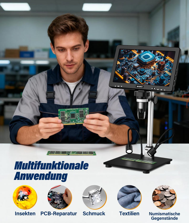 WADEO 10,1-Zoll-LCD-Digitalmikroskop 1500x inkl. 32GB Karte, Tragbares Mikroskop USB-Digitalmikrosko