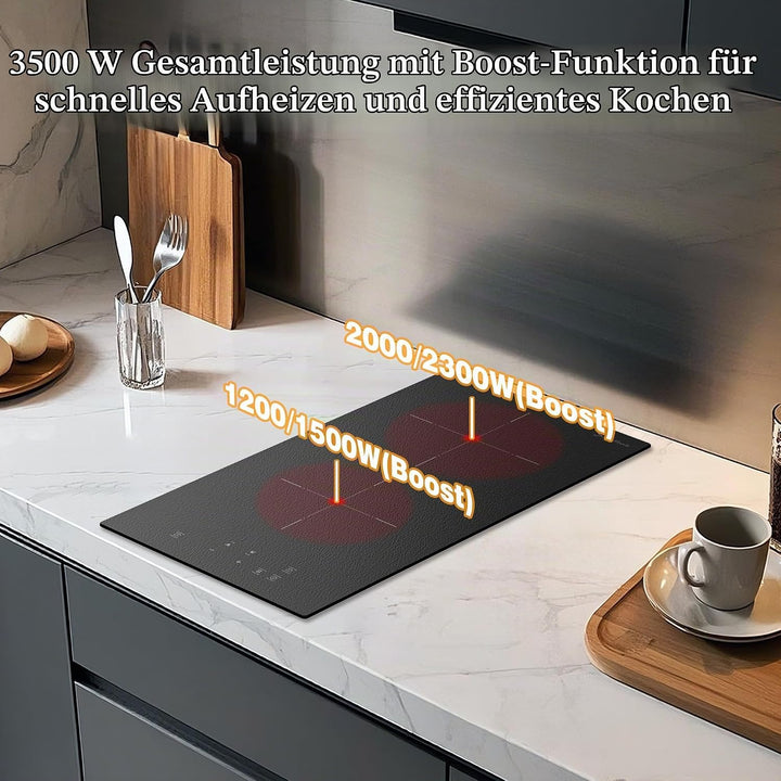 Induktionskochfeld 2 Platten Einbau, Induktionskochfeld mit Mattiertes Glas, Boost-Funktion, 9 Leist