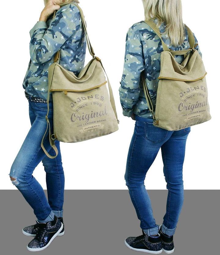 JENNIFER JONES - Grosse Damen Handtasche aus Canvas und Echtleder - Vintage Look - Casual Schulterta
