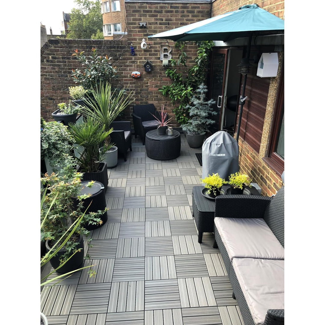 Terrassenfliesen aus Verbundmaterial, von „The Famous Click-Deck“, Ebenholz, Grau, Teakholz, für Ter
