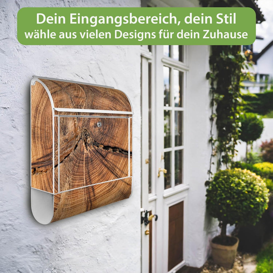 banjado® Design Briefkasten mit Motiv Jahresringe 39x47x14cm &amp; 2 Schlüssel - Briefkasten Stahl weiss