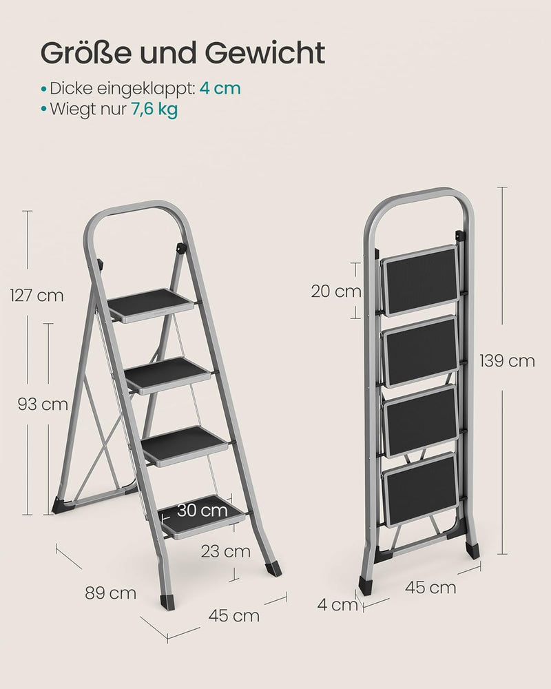 SONGMICS Trittleiter, Leiter mit 4 Stufen, Klapptritt, Klappsicherung, einfach zu verstauen, bis 150