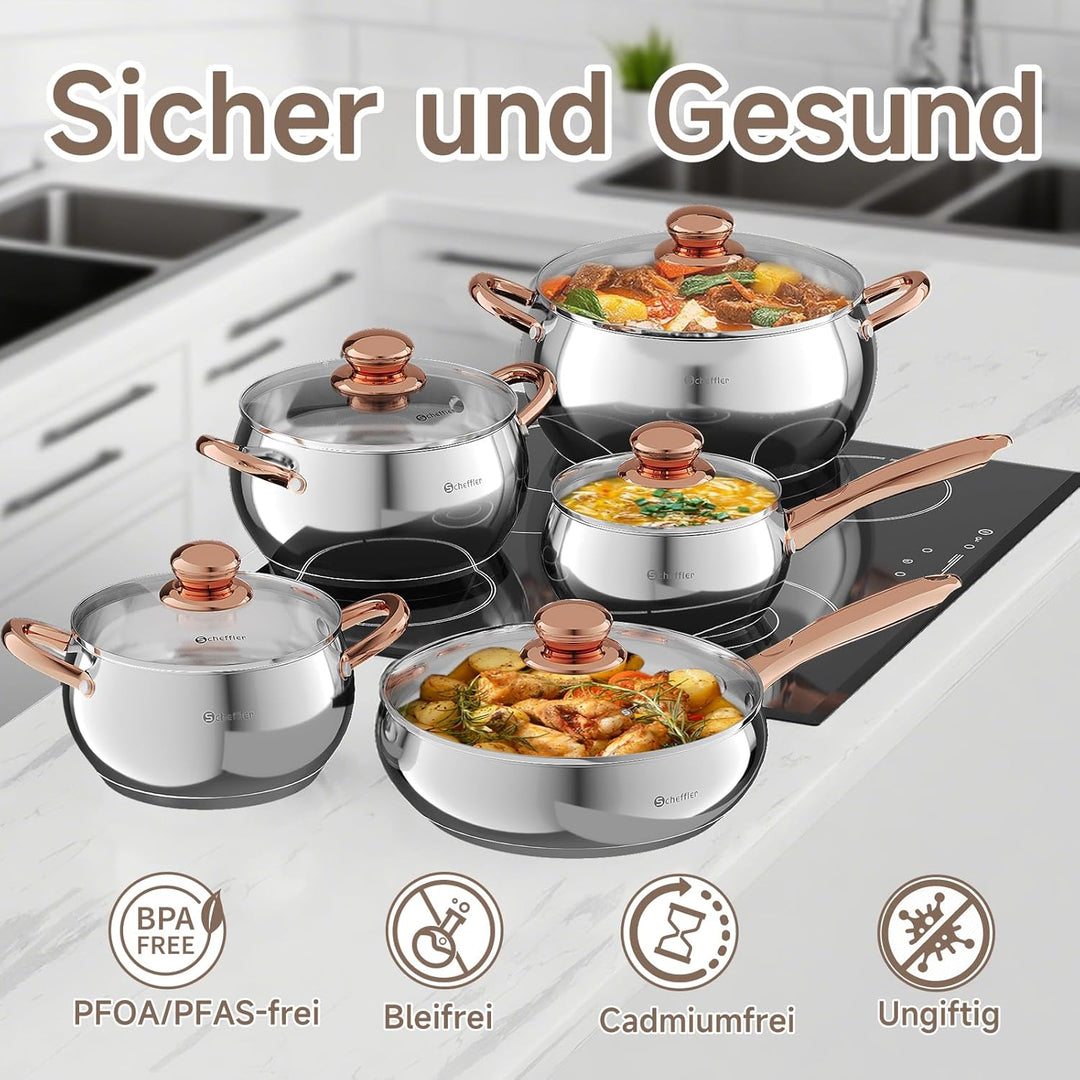 Topfset Scheffler 10tlg Induktions Töpfe Set, Edelstahl-Kochtopfset mit Deckel, Für alle Herdarten g