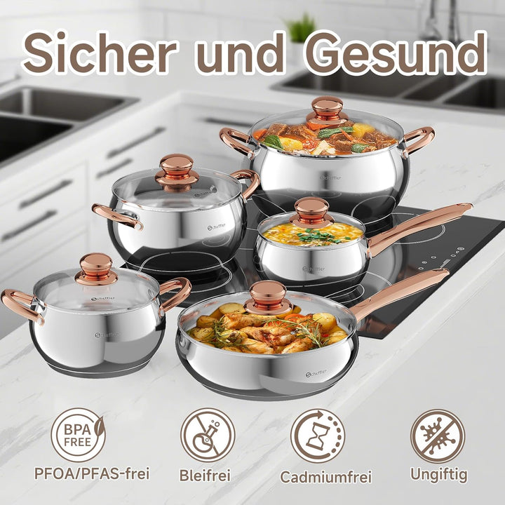 Topfset Scheffler 10tlg Induktions Töpfe Set, Edelstahl-Kochtopfset mit Deckel, Für alle Herdarten g