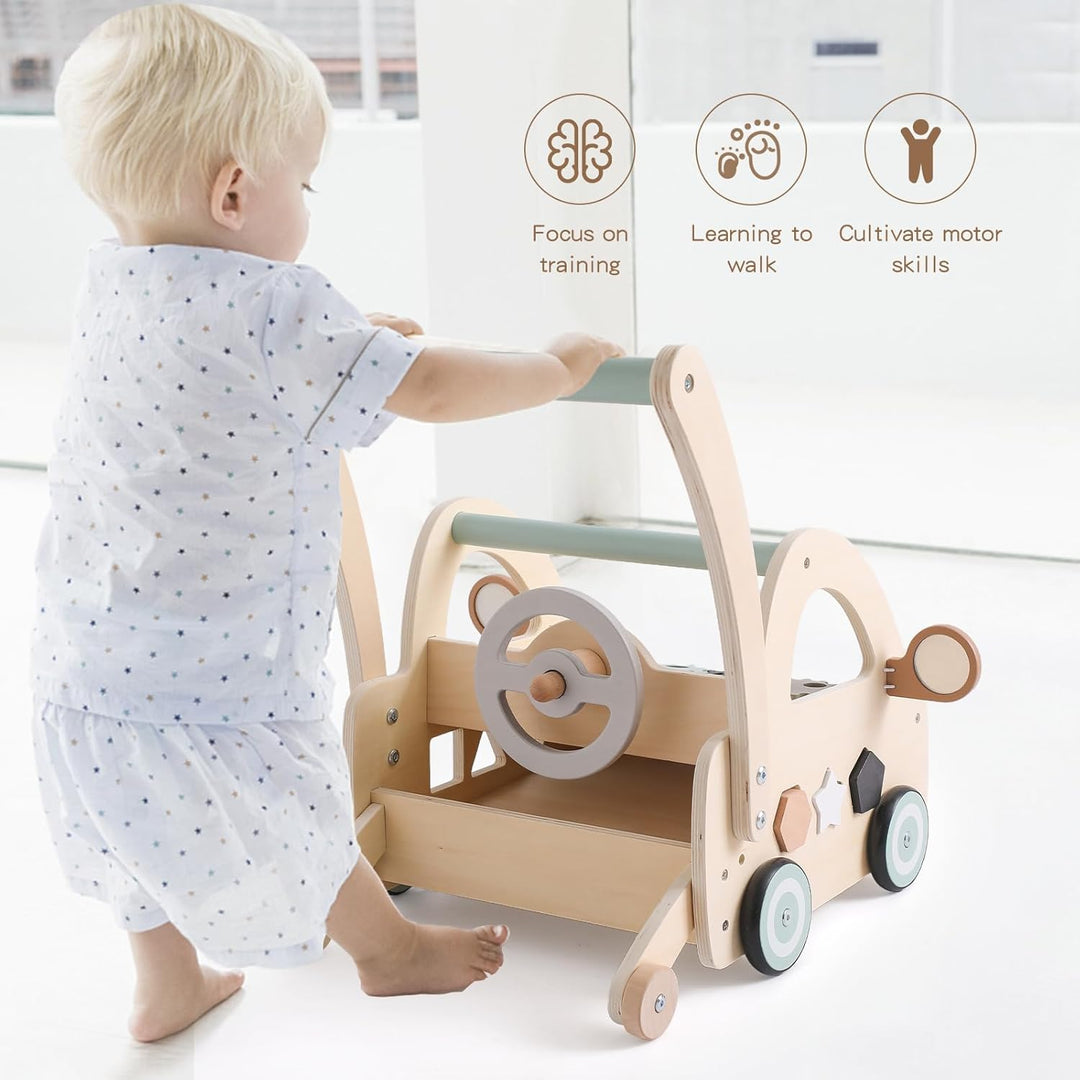 Lauflernwagen Holz, Multifunktion Montessori Spielzeug mit Formensortierung Spielbrett, Lauflernhilf