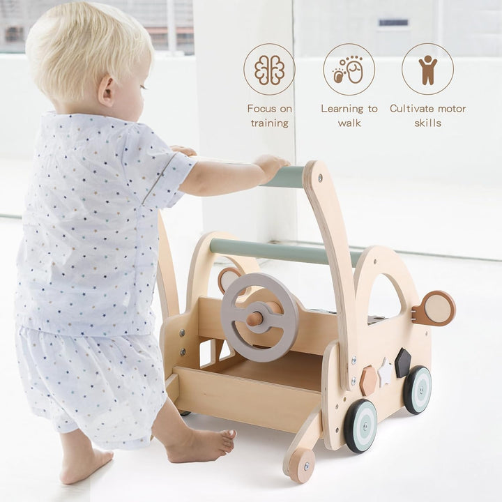 Lauflernwagen Holz, Multifunktion Montessori Spielzeug mit Formensortierung Spielbrett, Lauflernhilf