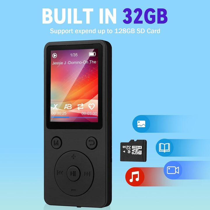 MP3 Player mit Bluetooth 5.2, 32 GB Speicherkarte, 1,8 Zoll TFT Farbbildschirm, M8 Musik-Player Spor