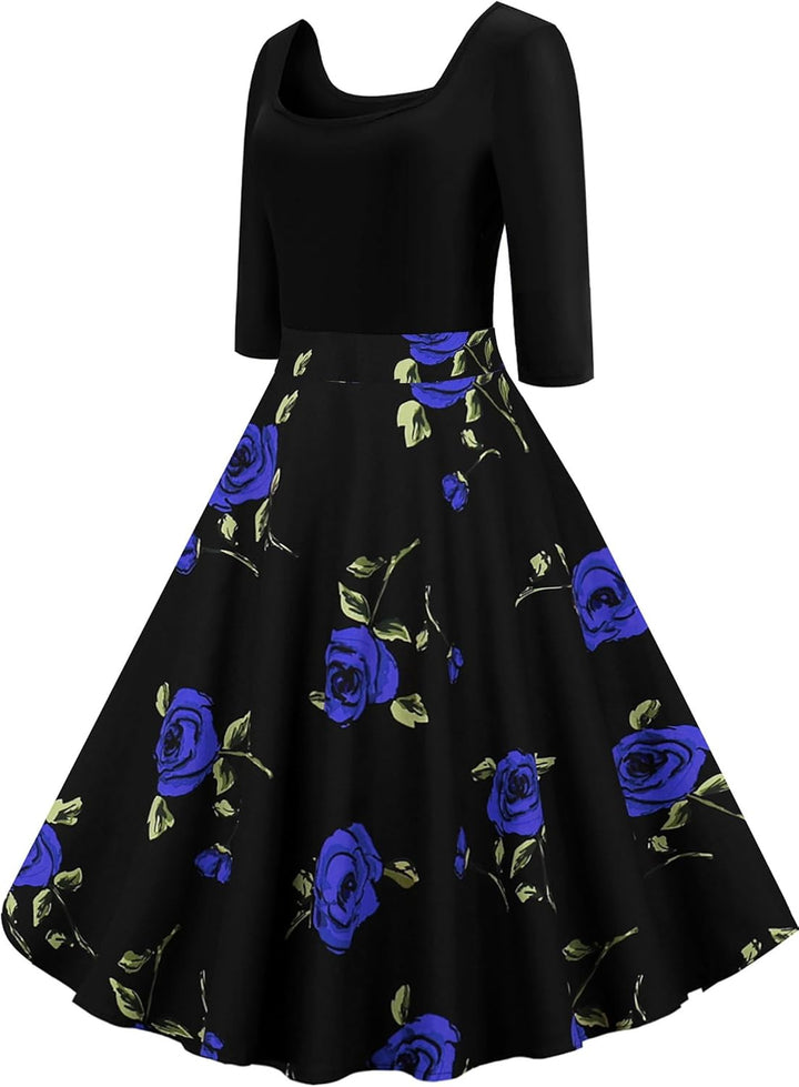 AXOE Damen A-Linie Kleid 60er Jahre Rockabilly 3/4 Ärmel